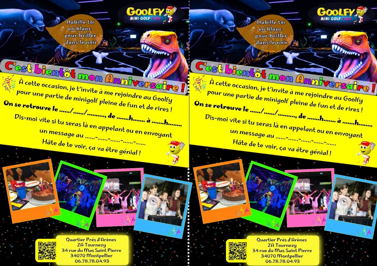 Carte d'invitation 2025 anniversaire-carte invitation-invitation anniversaire-anniversaire enfant-minigolf-formule anniversaire-groupe-enfants-invitation-fluo-activité anniversaire-